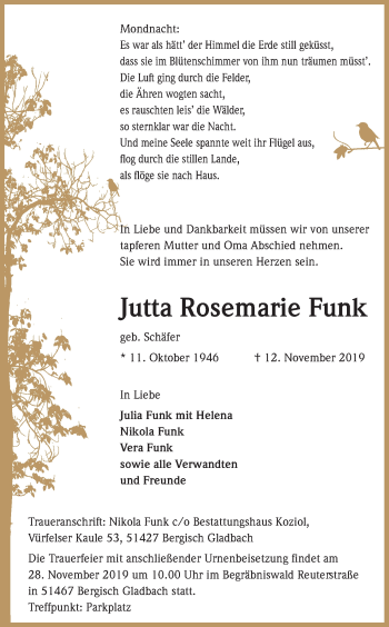 Anzeige von Jutta Rosemarie Funk von Kölner Stadt-Anzeiger / Kölnische Rundschau / Express