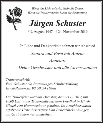 Anzeige von Jürgen Schuster von  Sonntags-Post 