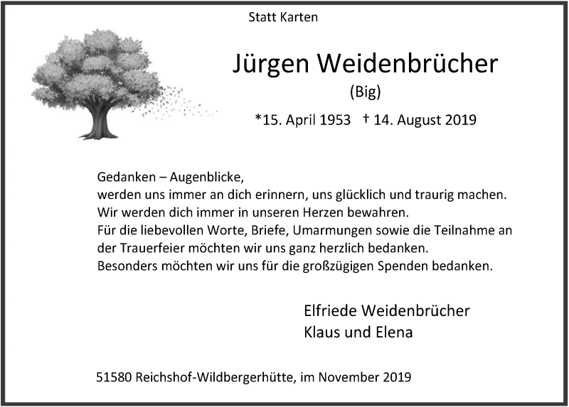  Traueranzeige für Jürgen Weidenbrücher vom 18.07.2023 aus  Anzeigen Echo  Lokalanzeiger 