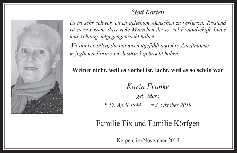  Traueranzeige für Karin Franke vom 06.11.2019 aus  Werbepost 