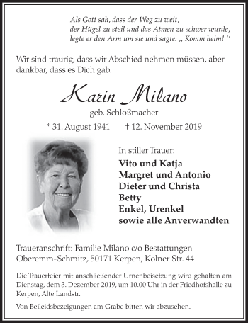 Anzeige von Karin Milano von  Sonntags-Post 