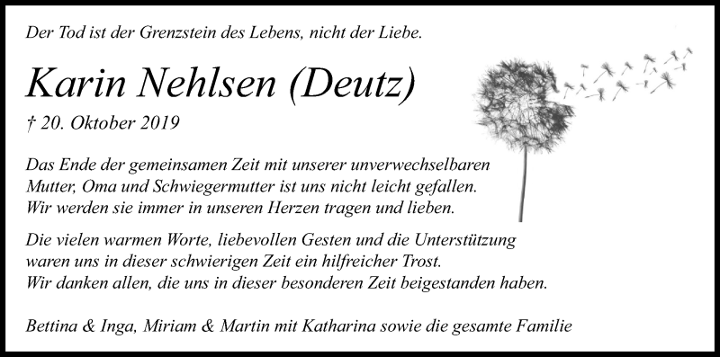  Traueranzeige für Karin Nehlsen vom 13.11.2019 aus Kölner Stadt-Anzeiger / Kölnische Rundschau / Express