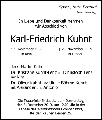 Anzeige von Karl-Friedrich Kuhnt von Kölner Stadt-Anzeiger / Kölnische Rundschau / Express