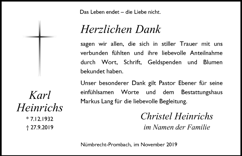  Traueranzeige für Karl Heinrichs vom 27.11.2019 aus  Lokalanzeiger 