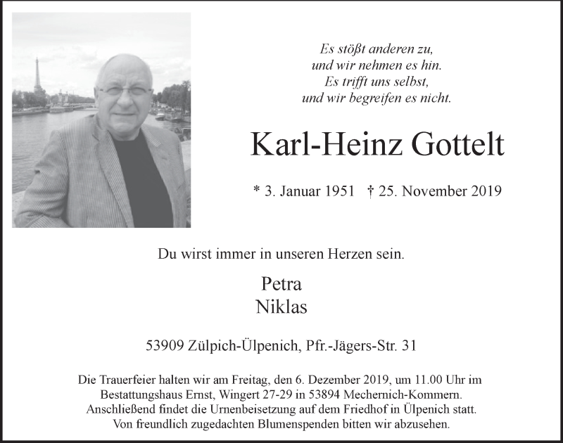  Traueranzeige für Karl-Heinz Gottelt vom 30.11.2019 aus  Blickpunkt Euskirchen 