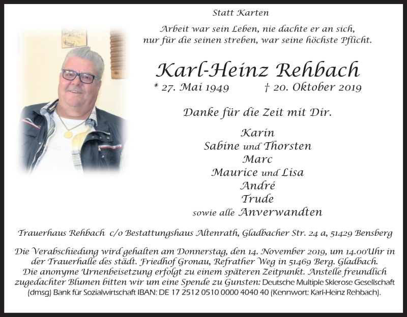  Traueranzeige für Karl-Heinz Rehbach vom 09.11.2019 aus Kölner Stadt-Anzeiger / Kölnische Rundschau / Express