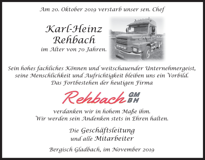  Traueranzeige für Karl-Heinz Rehbach vom 09.11.2019 aus Kölner Stadt-Anzeiger / Kölnische Rundschau / Express