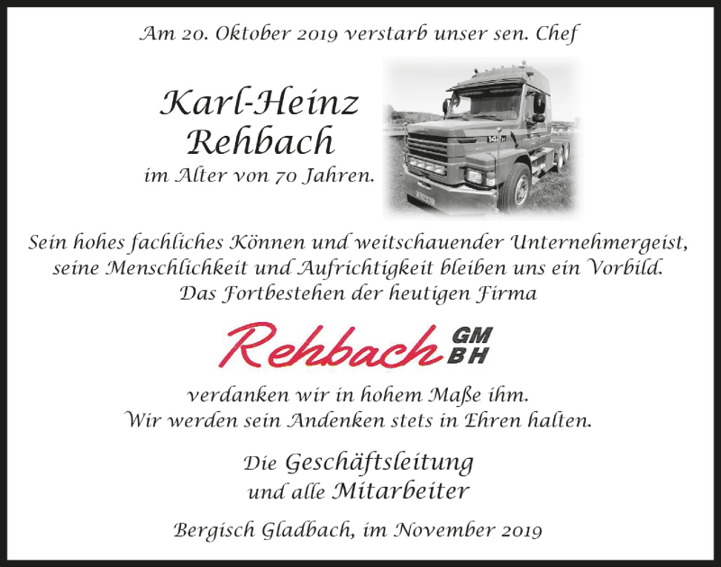 Traueranzeige für Karl-Heinz Rehbach vom 06.11.2019 aus  Bergisches Handelsblatt 