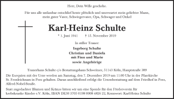 Anzeige von Karl-Heinz Schulte von  Kölner Wochenspiegel 