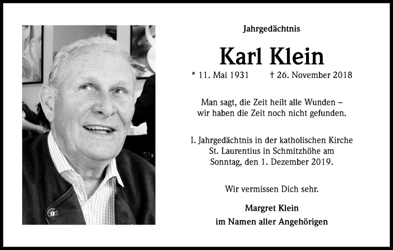  Traueranzeige für Karl Klein vom 30.11.2019 aus Kölner Stadt-Anzeiger / Kölnische Rundschau / Express