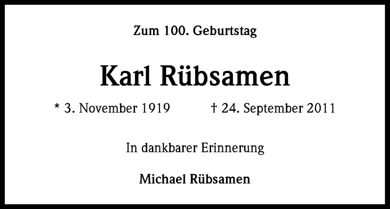  Traueranzeige für Karl Rübsamen vom 02.11.2019 aus Kölner Stadt-Anzeiger / Kölnische Rundschau / Express