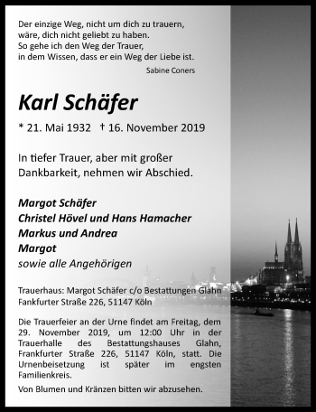 Anzeige von Karl Schäfer von  Kölner Wochenspiegel 