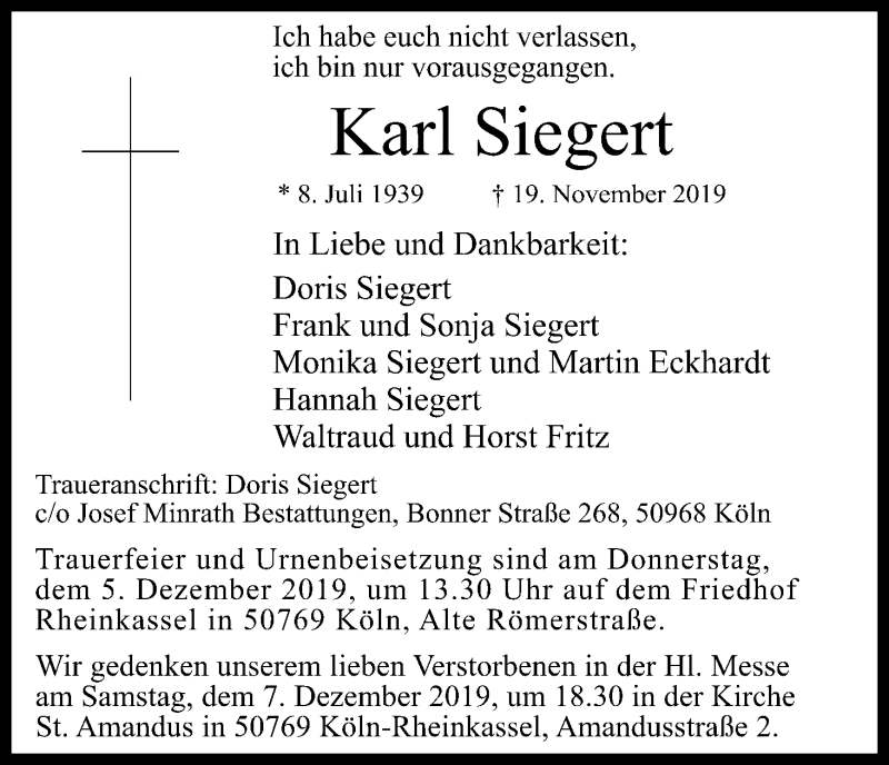  Traueranzeige für Karl Siegert vom 30.11.2019 aus Kölner Stadt-Anzeiger / Kölnische Rundschau / Express