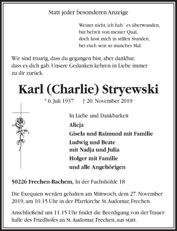 Anzeige von Karl Stryewski von  Sonntags-Post 