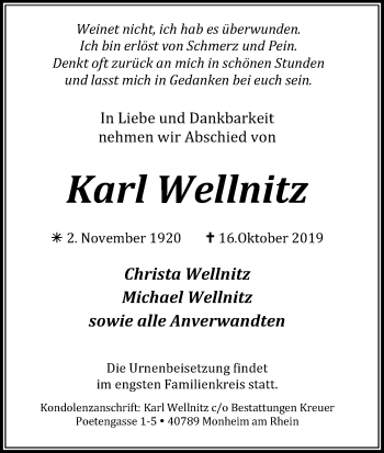 Anzeige von Karl Wellnitz von Kölner Stadt-Anzeiger / Kölnische Rundschau / Express