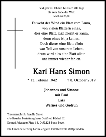 Anzeige von Karl Hans Simon von Kölner Stadt-Anzeiger / Kölnische Rundschau / Express