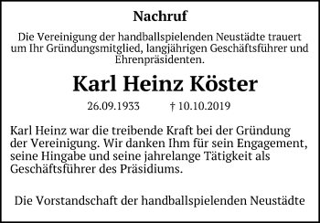Anzeige von Karl Heinz Köster von Kölner Stadt-Anzeiger / Kölnische Rundschau / Express