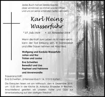 Anzeige von Karl Heinz Wasserfuhr von Kölner Stadt-Anzeiger / Kölnische Rundschau / Express