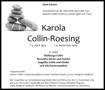 Anzeige von Karola Collin-Roesing von Kölner Stadt-Anzeiger / Kölnische Rundschau / Express