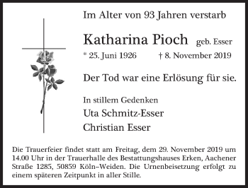 Anzeige von Katharina Pioch von  Kölner Wochenspiegel 