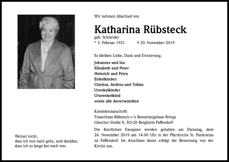  Traueranzeige für Katharina Rübsteck vom 25.11.2019 aus Kölner Stadt-Anzeiger / Kölnische Rundschau / Express
