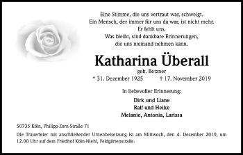Anzeige von Katharina Überall von Kölner Stadt-Anzeiger / Kölnische Rundschau / Express