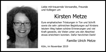 Anzeige von Kirsten Metze von Kölner Stadt-Anzeiger / Kölnische Rundschau / Express