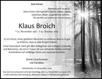 Anzeige von Klaus Broich von Kölner Stadt-Anzeiger / Kölnische Rundschau / Express
