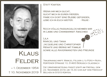 Anzeige von Klaus Felder von  Bergisches Sonntagsblatt 
