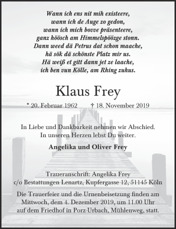 Anzeige von Klaus Frey von  Kölner Wochenspiegel 