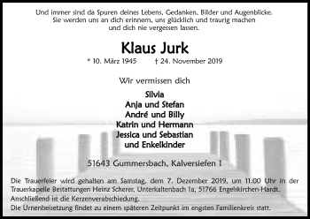 Anzeige von Klaus Jurk von Kölner Stadt-Anzeiger / Kölnische Rundschau / Express