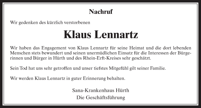  Traueranzeige für Klaus Lennartz vom 18.07.2023 aus  Wochenende 