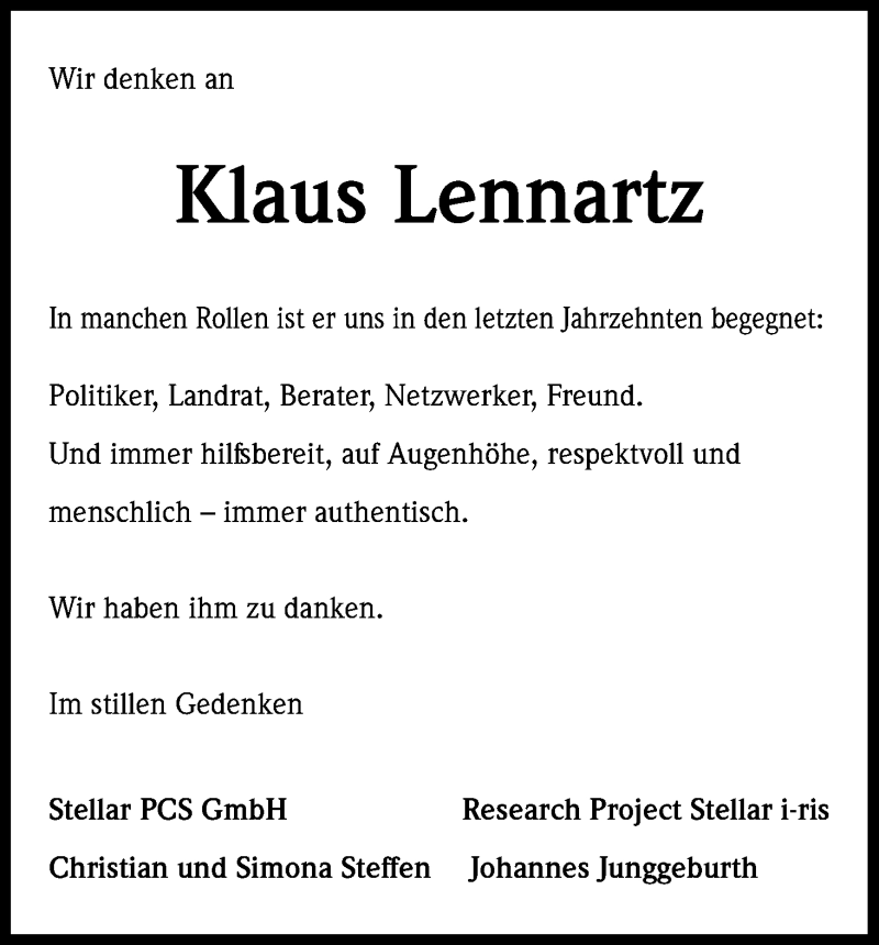  Traueranzeige für Klaus Lennartz vom 18.07.2023 aus Kölner Stadt-Anzeiger / Kölnische Rundschau / Express