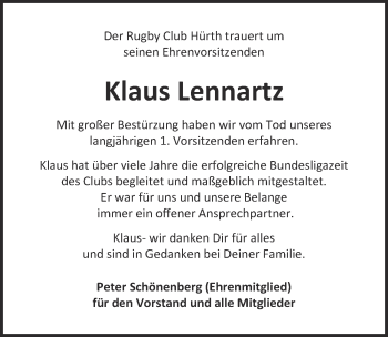 Anzeige von Klaus Lennartz von  Sonntags-Post 