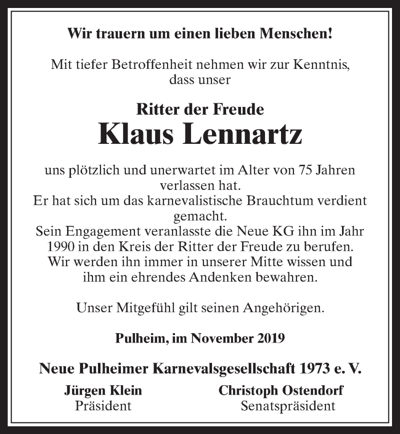  Traueranzeige für Klaus Lennartz vom 18.07.2023 aus  Wochenende 