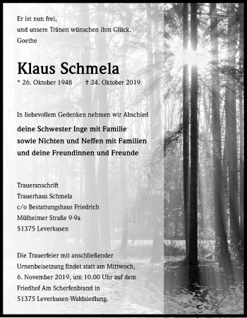 Anzeige von Klaus Schmela von Kölner Stadt-Anzeiger / Kölnische Rundschau / Express