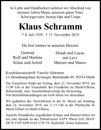 Anzeige von Klaus Schramm von Kölner Stadt-Anzeiger / Kölnische Rundschau / Express