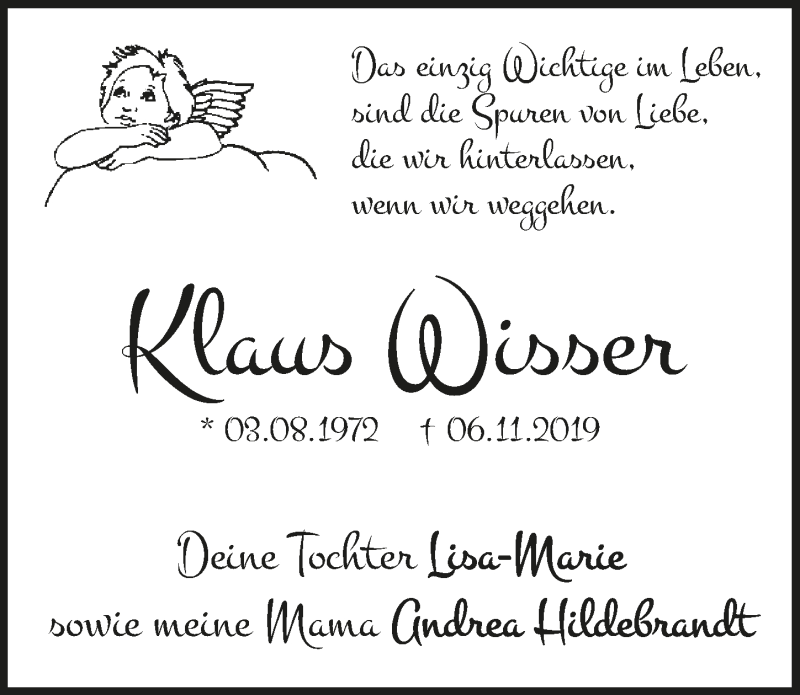  Traueranzeige für Klaus Wisser vom 13.11.2019 aus  Lokalanzeiger 