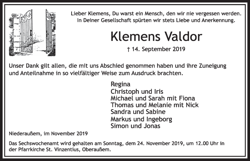  Traueranzeige für Klemens Valdor vom 16.11.2019 aus  Sonntags-Post 