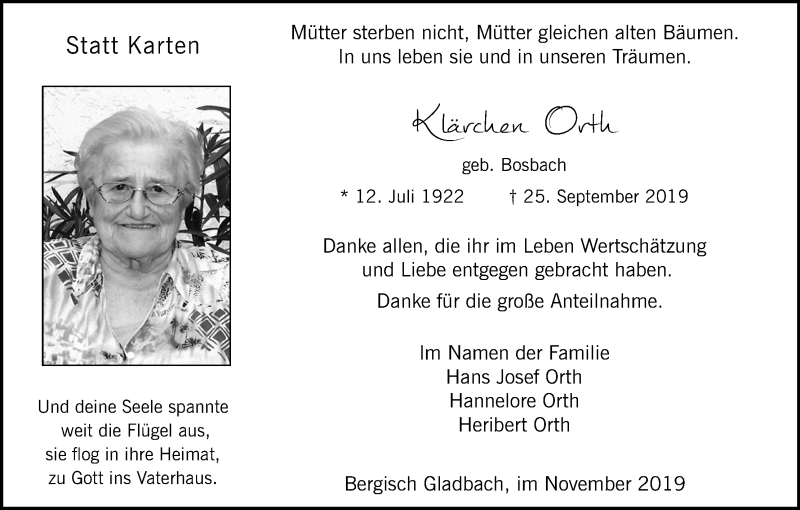  Traueranzeige für Klärchen Orth vom 09.11.2019 aus Kölner Stadt-Anzeiger / Kölnische Rundschau / Express