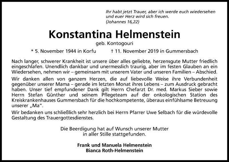  Traueranzeige für Konstantina Helmenstein vom 20.11.2019 aus Kölner Stadt-Anzeiger / Kölnische Rundschau / Express