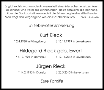 Anzeige von Kurt Rieck von Kölner Stadt-Anzeiger / Kölnische Rundschau / Express