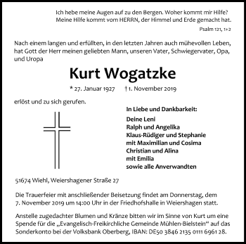 Anzeige von Kurt Wogatzke von Kölner Stadt-Anzeiger / Kölnische Rundschau / Express