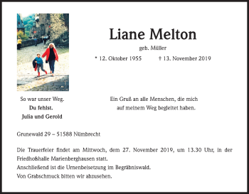 Anzeige von Liane Melton von Kölner Stadt-Anzeiger / Kölnische Rundschau / Express