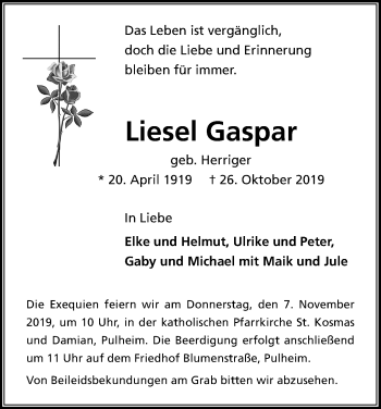 Anzeige von Liesel Gaspar von Kölner Stadt-Anzeiger / Kölnische Rundschau / Express