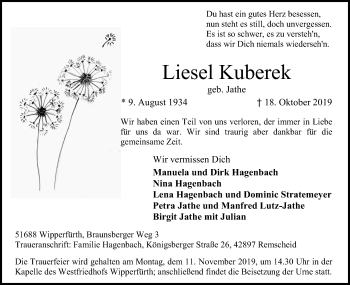 Anzeige von Liesel Kuberek von Kölner Stadt-Anzeiger / Kölnische Rundschau / Express