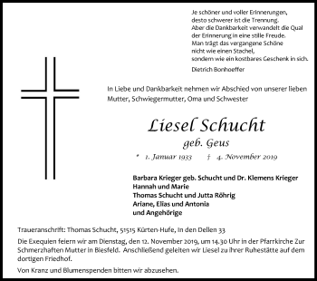 Anzeige von Liesel Schucht von Kölner Stadt-Anzeiger / Kölnische Rundschau / Express