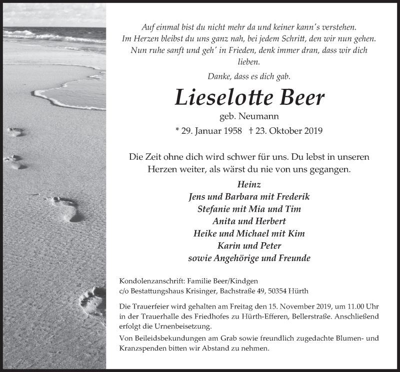  Traueranzeige für Lieselotte Beer vom 06.11.2019 aus  Wochenende 