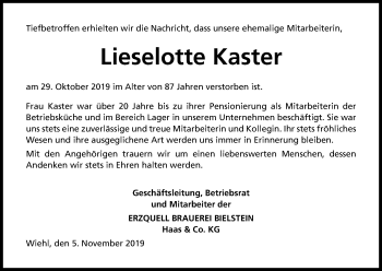 Anzeige von Lieselotte Kaster von Kölner Stadt-Anzeiger / Kölnische Rundschau / Express