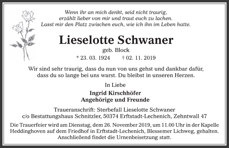  Traueranzeige für Lieselotte Schwaner vom 20.11.2019 aus  Werbepost 